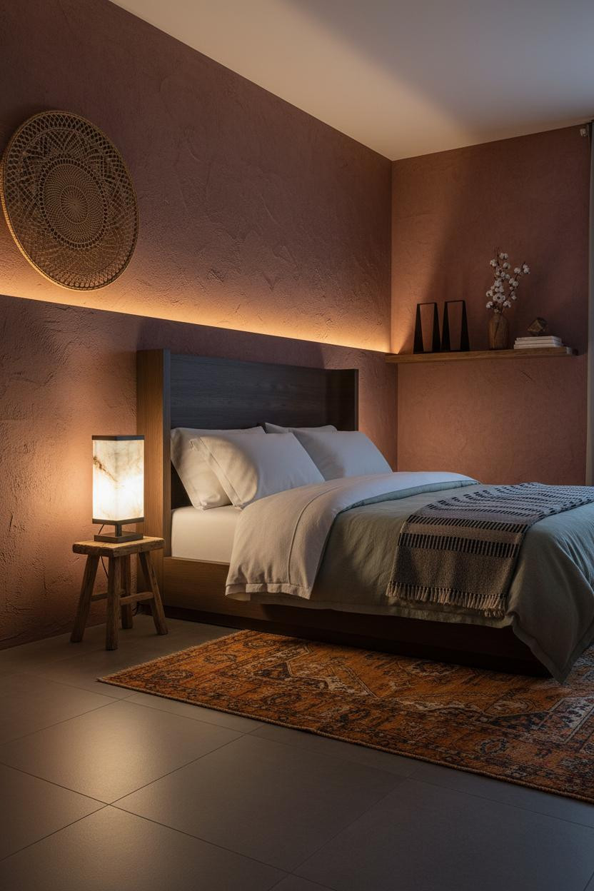 Cozy Boho Bedroom Earthy Wainscoting Warm Lighting