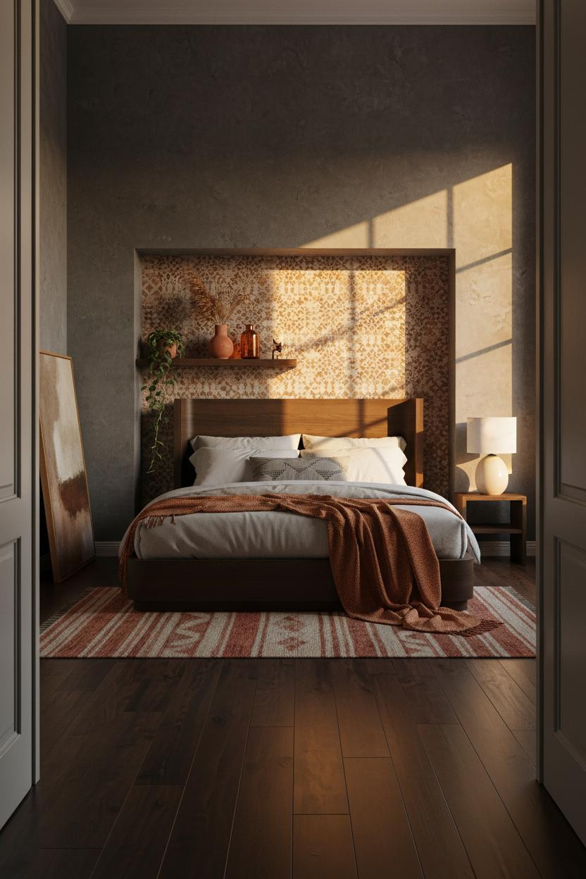 Cozy Boho Bedroom Earthy Accent Wall Moroccan Tile