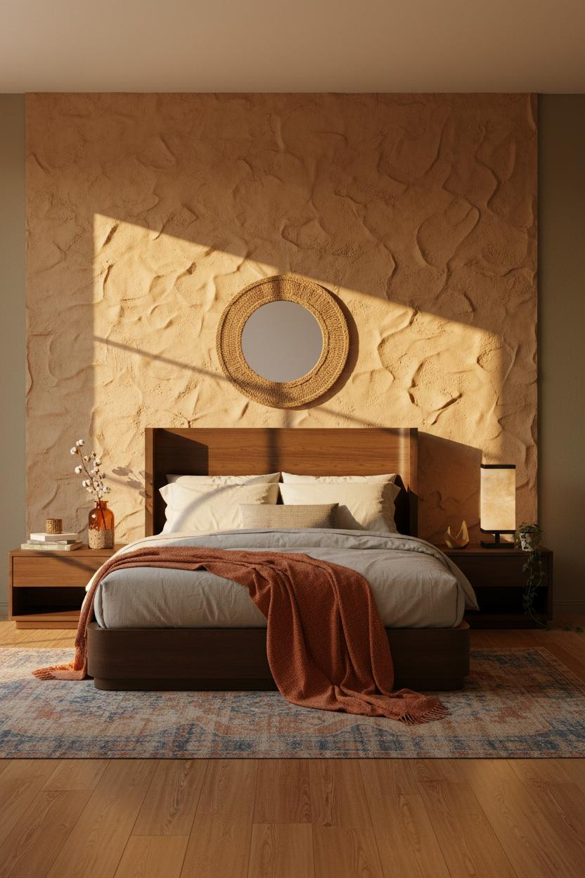 Cozy Boho Bedroom Clay Plaster Accent Wall