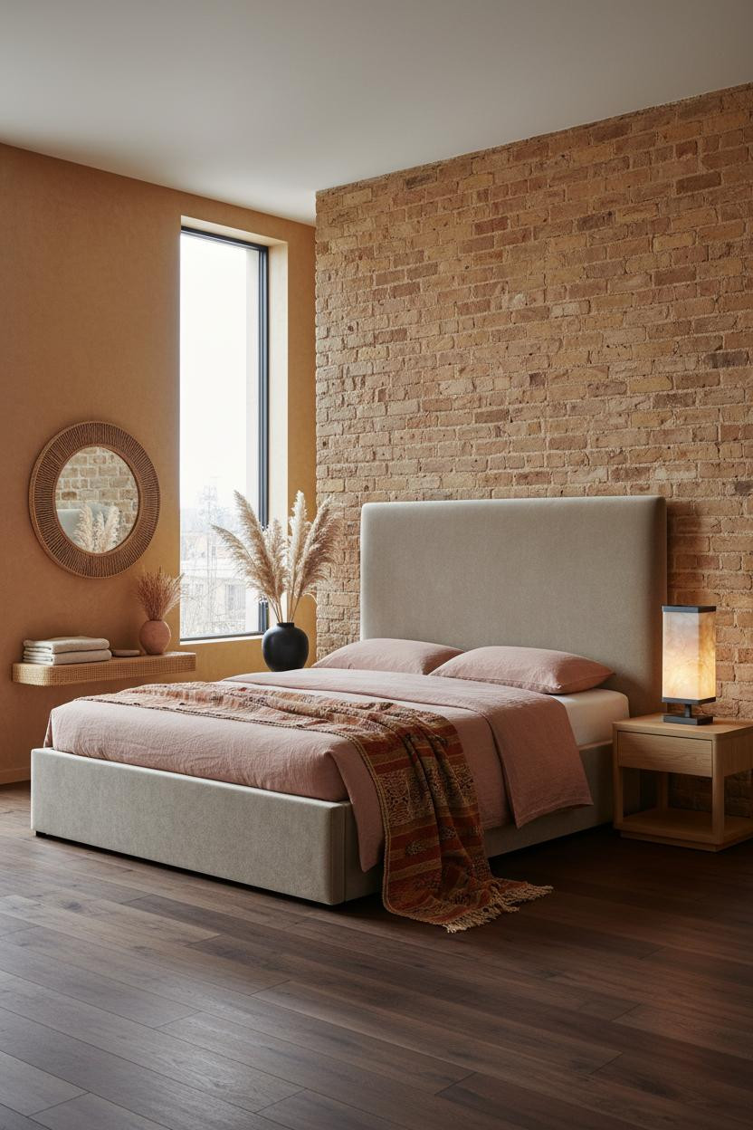 Cozy Boho Bedroom Earthy Brick Accent Wall
