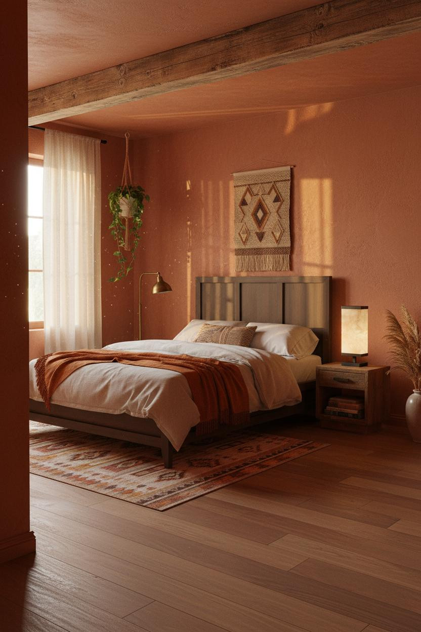 Eclectic Bedroom 70s Earthy Bohemian Design With Terracotta Walls And Natural Wood Beams