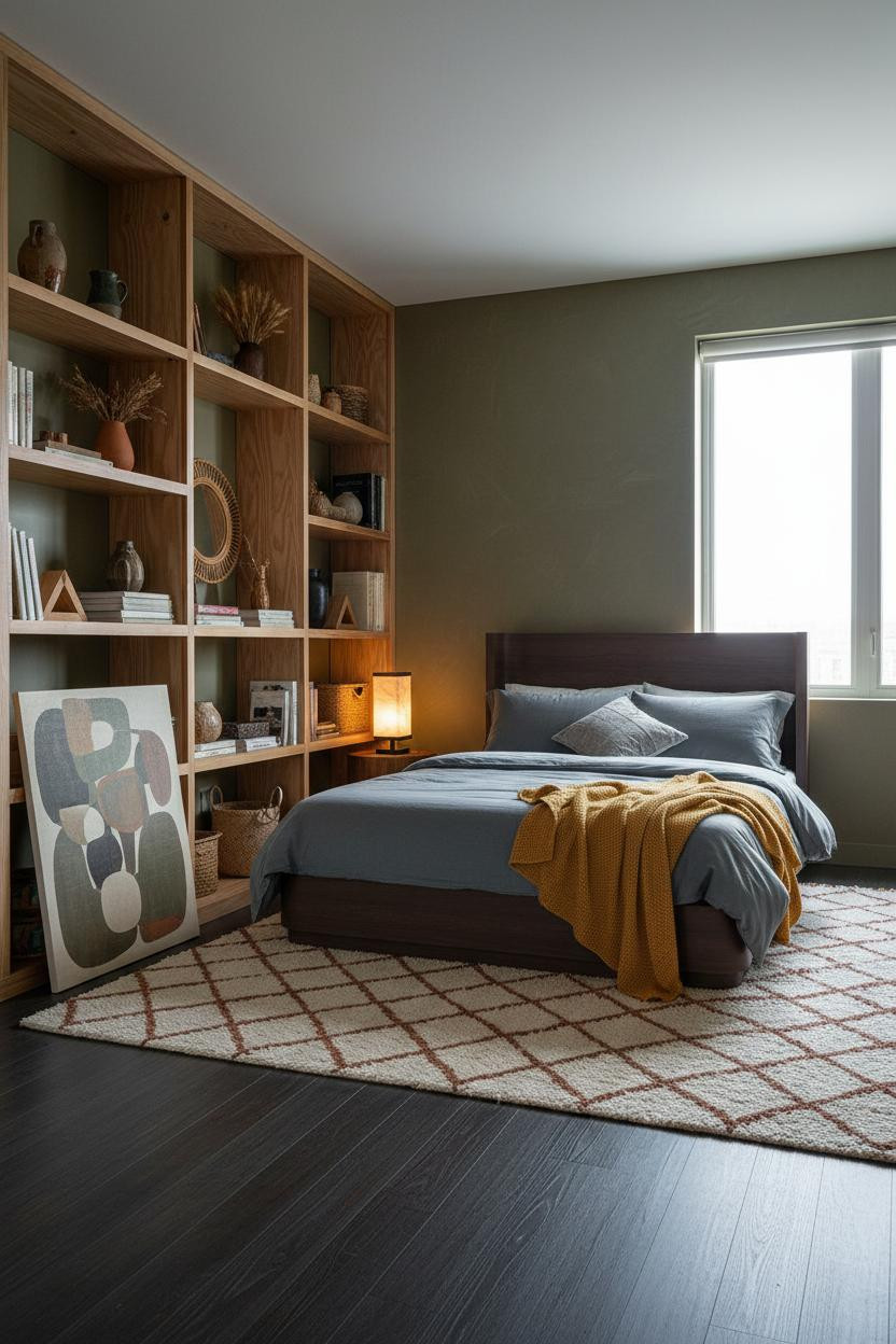 Eclectic Bedroom 70s Japandi Design With Warm Earthy Tones And Raw Pine Shelving