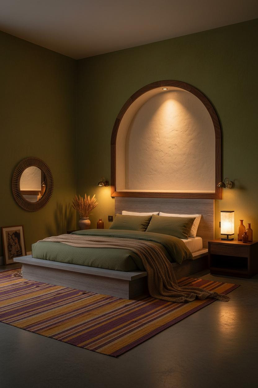 Eclectic 70s Bedroom Design With Moody Warm Amber Lighting And Moss Green Walls
