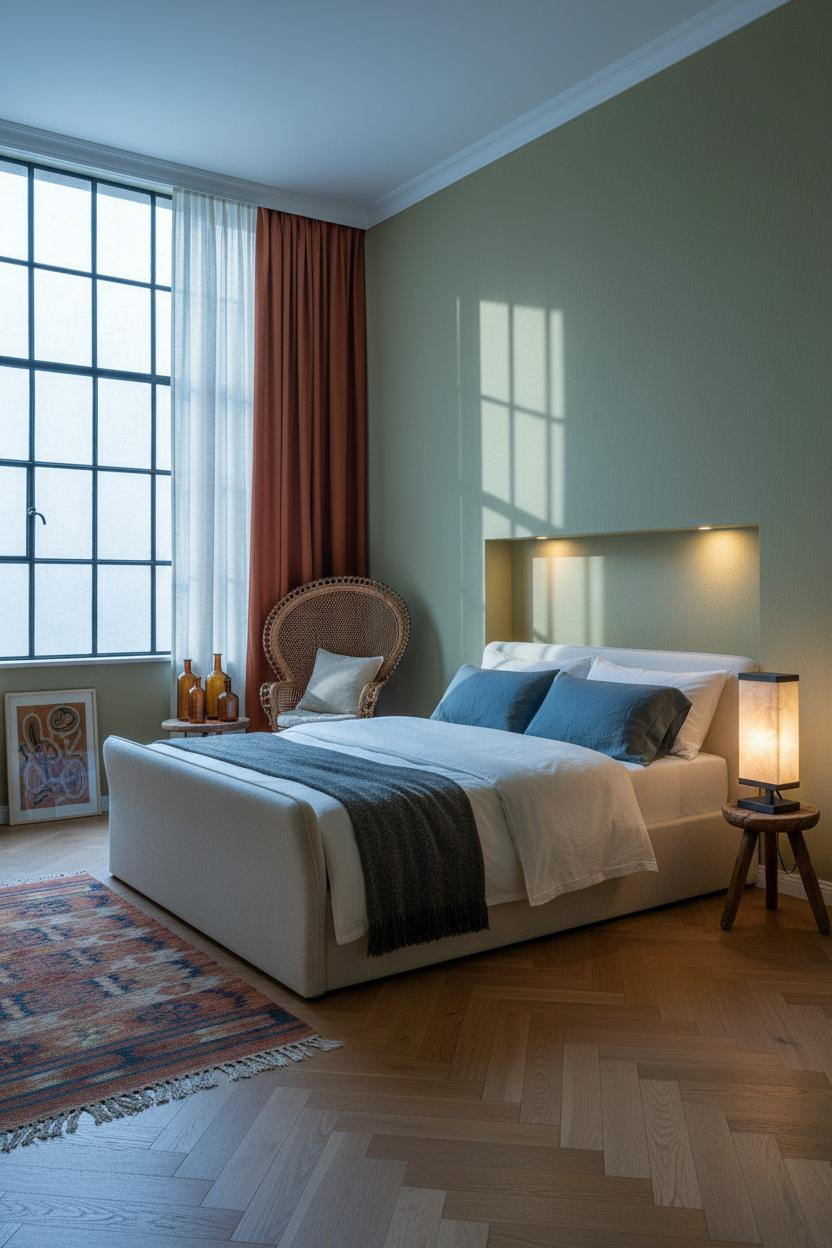 Eclectic Bedroom 70s Warmth And Global Design With Sage Walls
