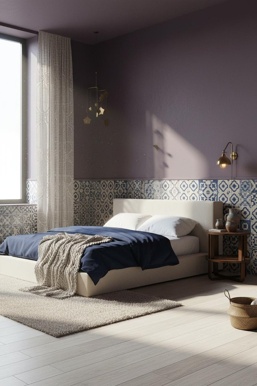 Eclectic Bedroom 70s Earthy Design With Hand Painted Geometric Tile Wainscoting
