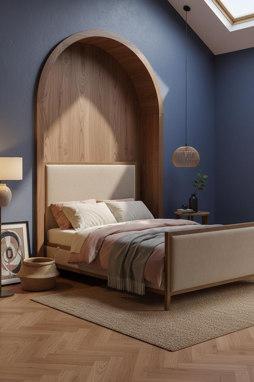 Eclectic Bedroom 70s Earthy Design With Walnut Alcove And Indigo Walls