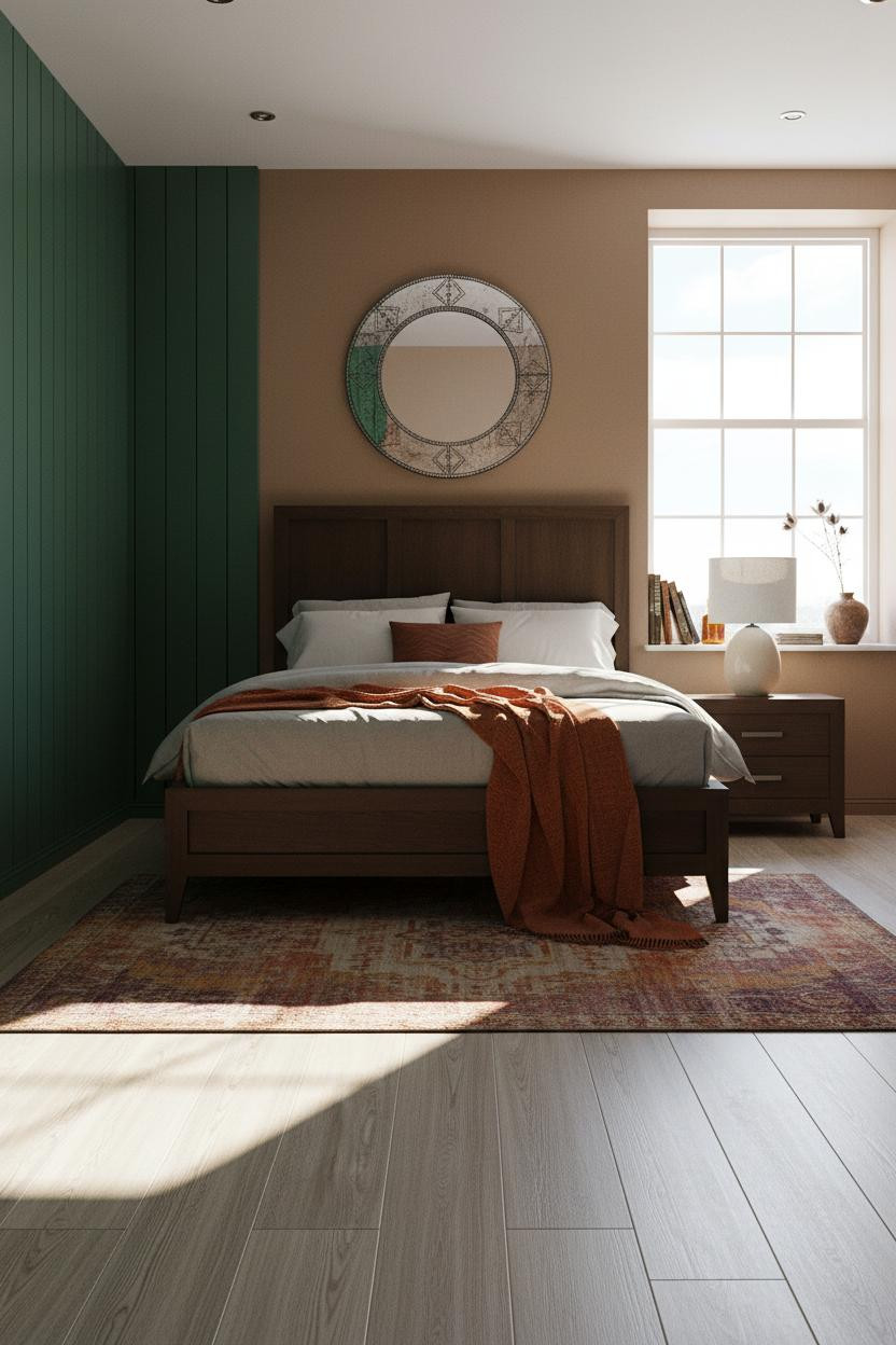 Eclectic Bedroom 70s Earthy Design With Forest Green Accent Wall