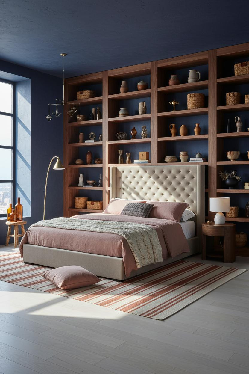 Eclectic Bedroom 70s Earthy Design With Walnut Shelving And Pottery
