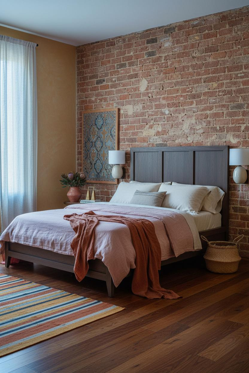 Eclectic Bedroom 70s Earthy Design With Terracotta Brick And Layered Textiles
