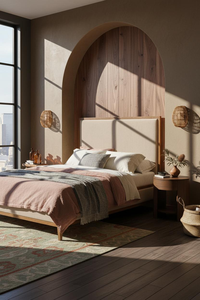 Eclectic 70s Bedroom Warm Walnut Niche With Earthy Textiles