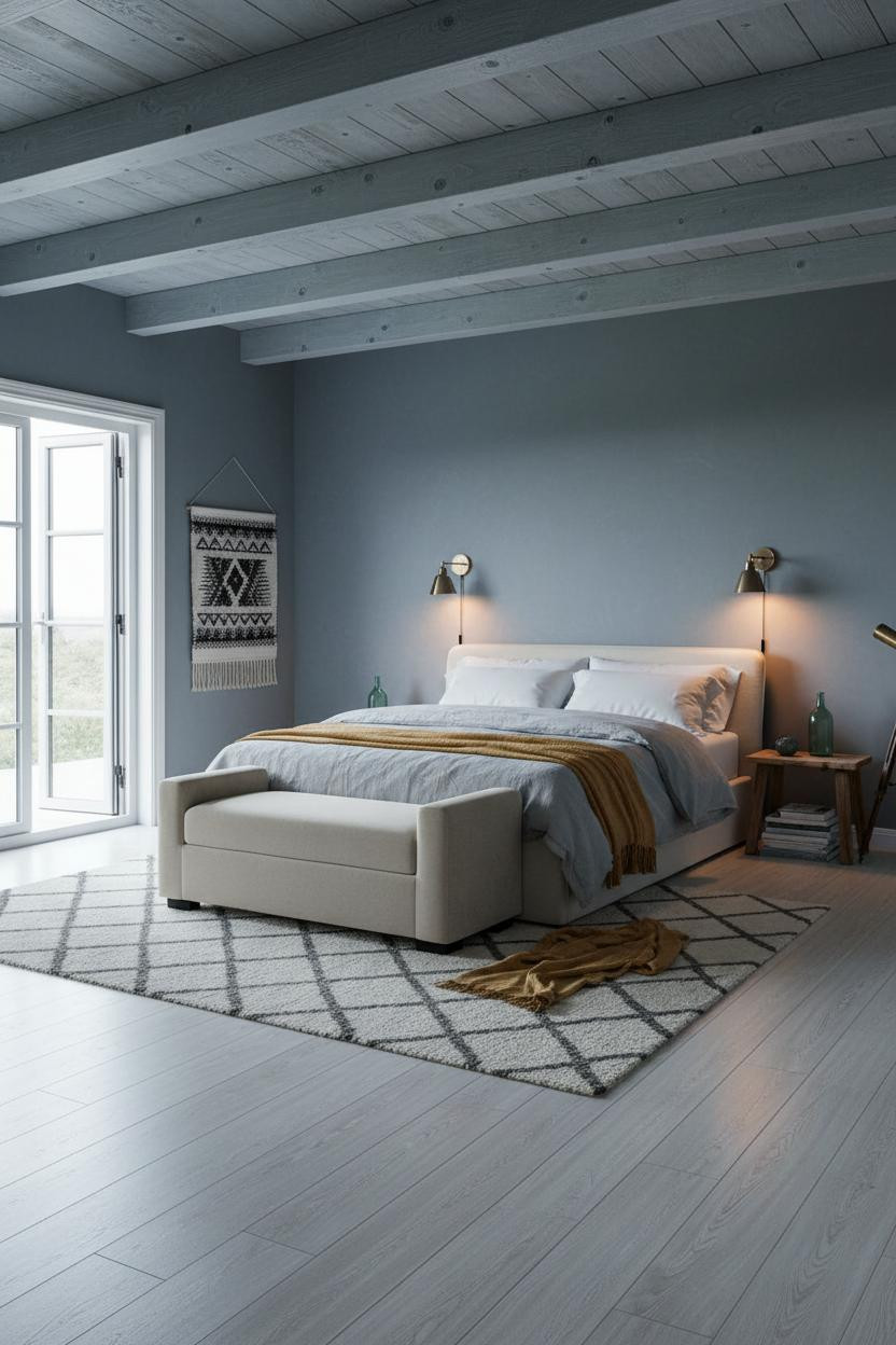 Coastal Cottage Bedroom Blue Walls Wooden Beams