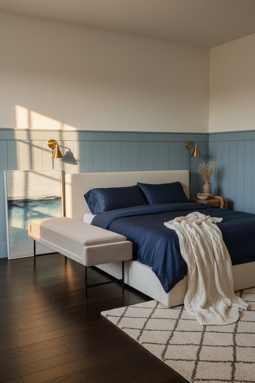 Coastal Cottage Bedroom Blue Wainscoting Design