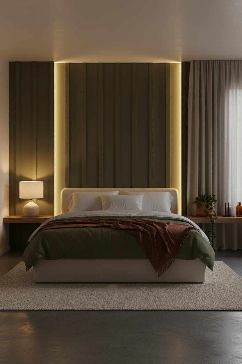 Earthy Luxury Bedroom Olive Batten Warm Lighting