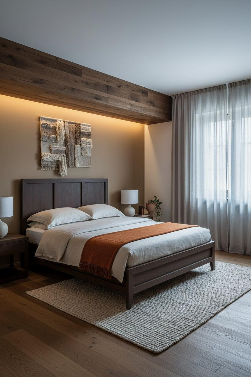 Earthy Luxury Bedroom Walnut Ceiling Warm