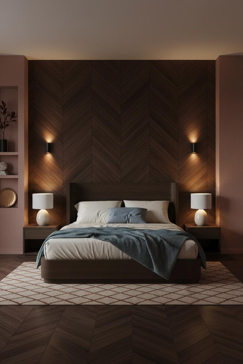 Earthy Luxury Bedroom Herringbone Wood Warm Lighting