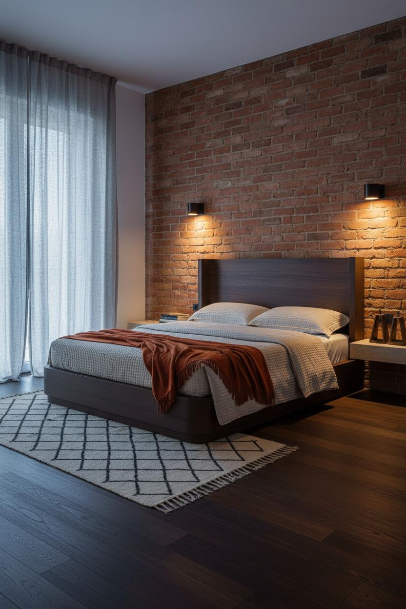 Earthy Luxury Bedroom Brick Accent Wall