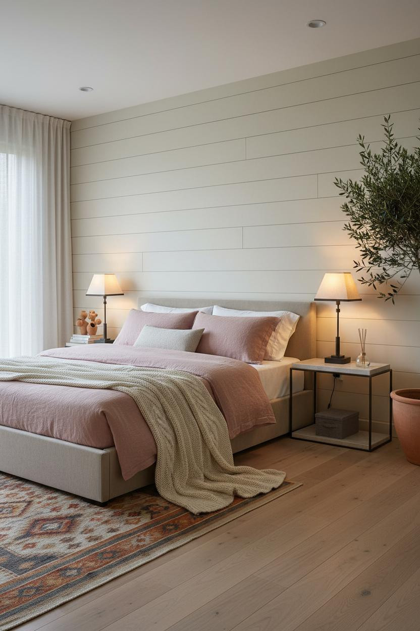 Earthy Luxury Bedroom Shiplap Wainscoting