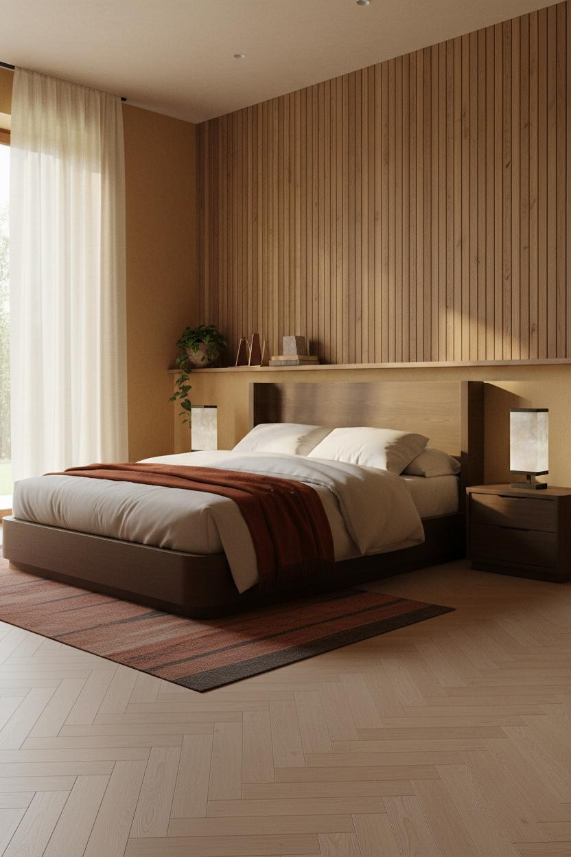 Earthy Luxury Bedroom Walnut Headwall