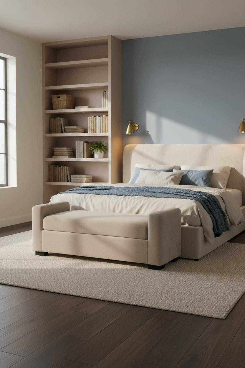 Couples Bedroom Blue Shelving Walnut