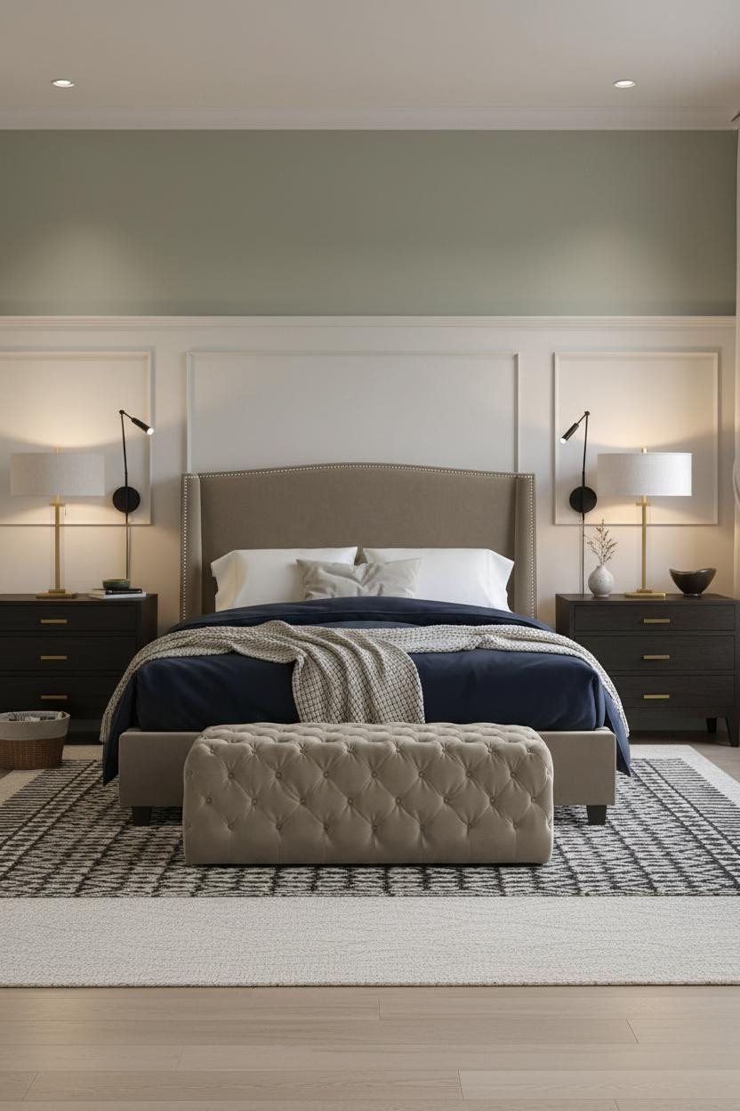 Couples Bedroom Sage Wainscoting Warm Light