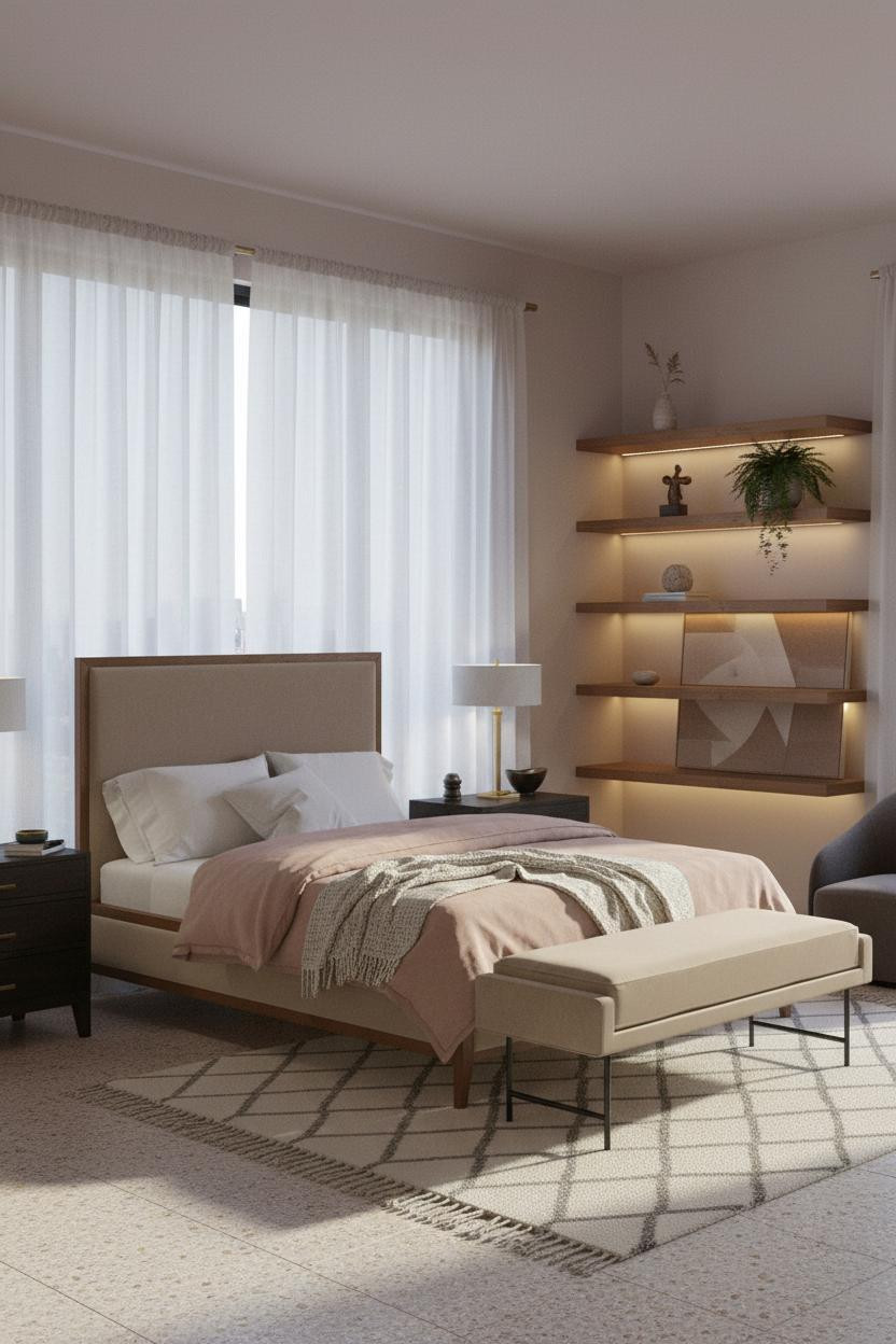 Couples Bedroom Walnut Shelving Blush