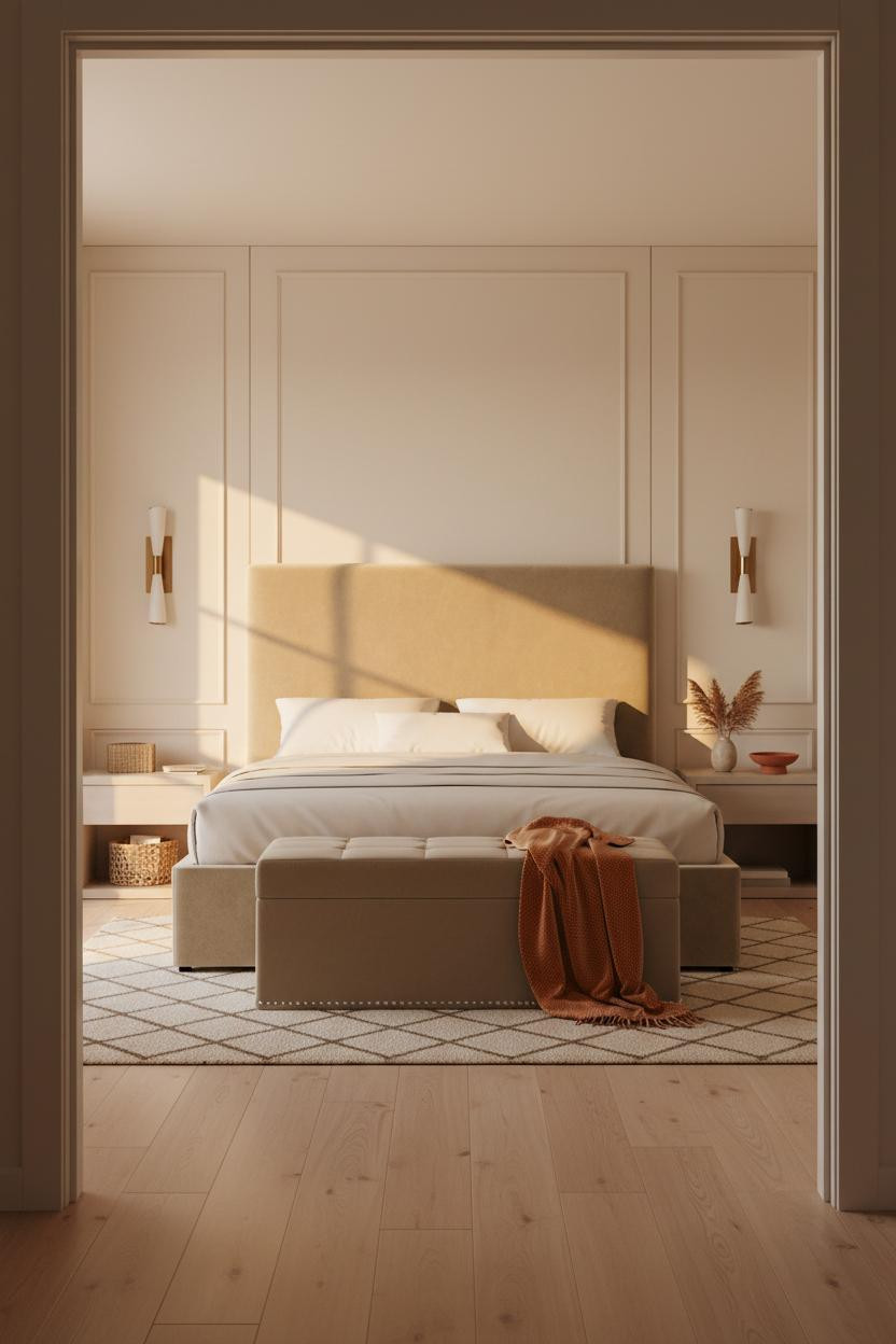 Couples Bedroom Warm Ivory Paneling
