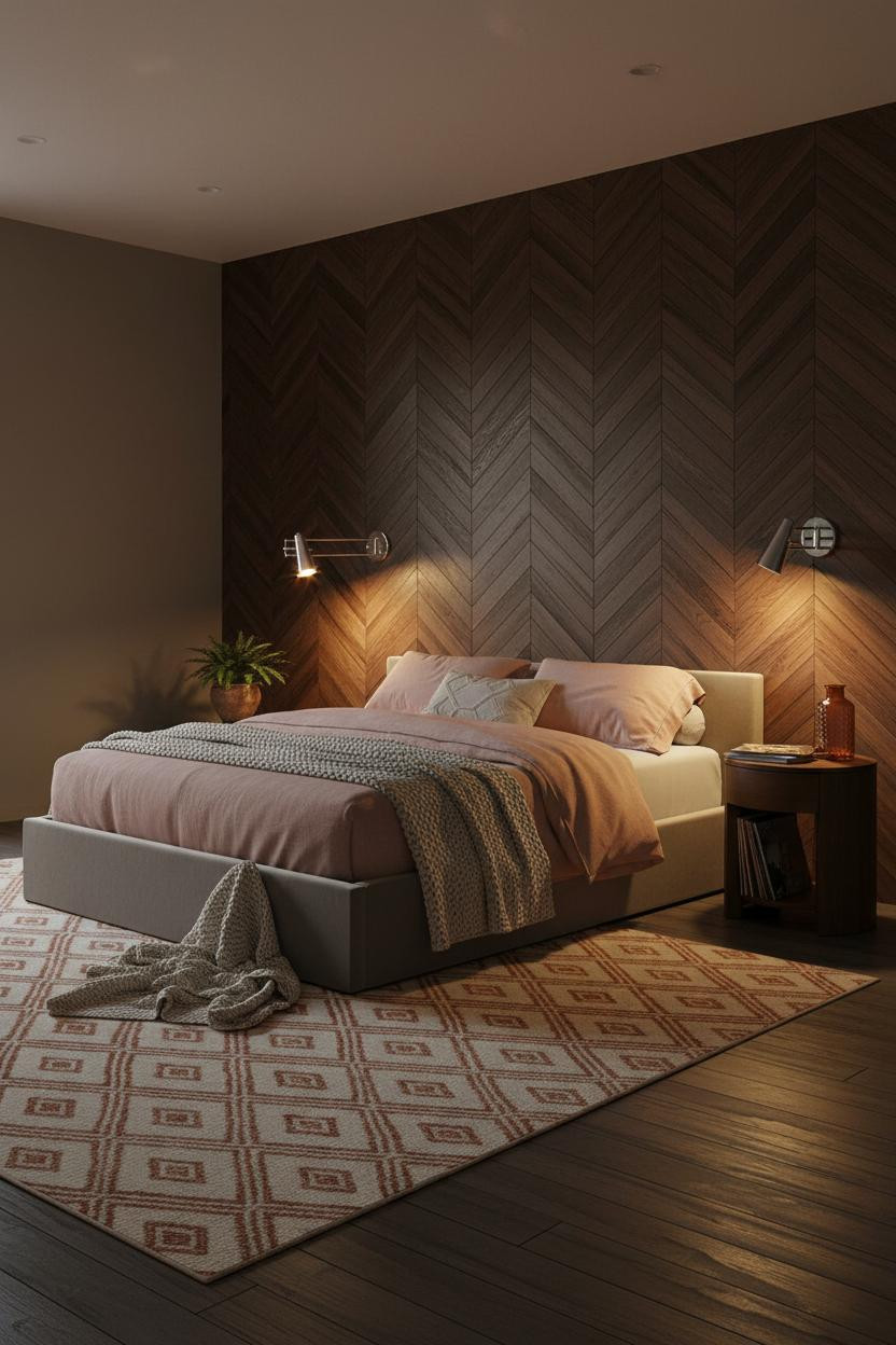 Floating Bed Frame Rustic Walnut Herringbone Bedroom