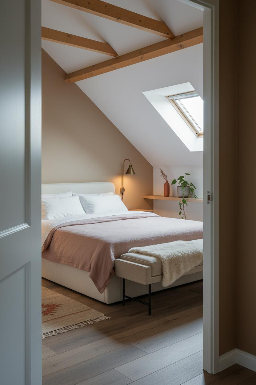 Cozy Neutral Attic Bedroom Wood Ceiling