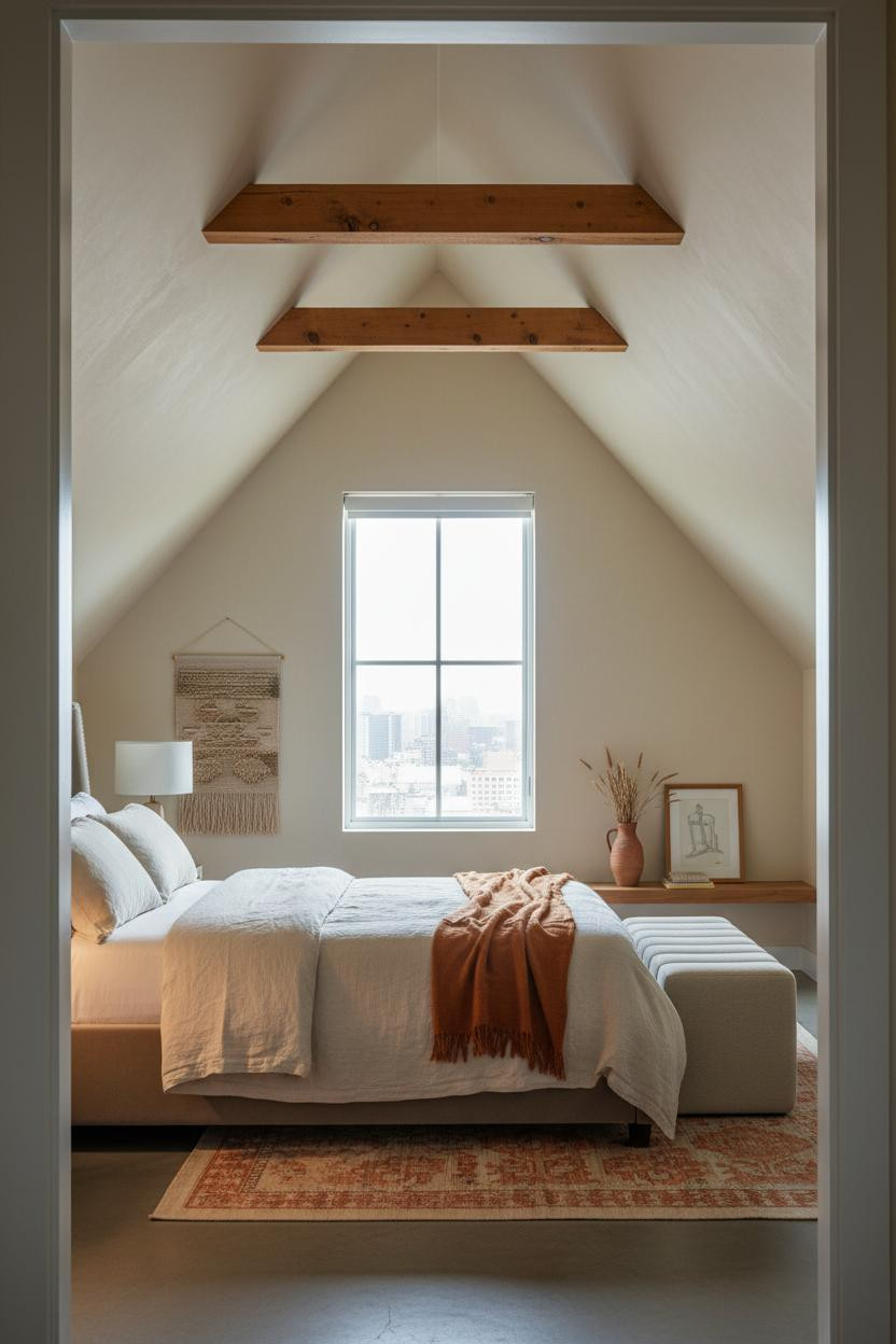 Cozy Neutral Attic Bedroom Warm Beams