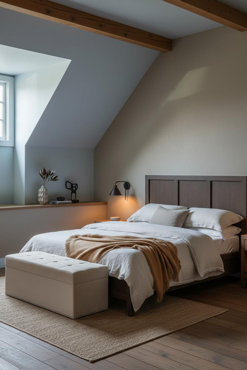 Cozy Neutral Bedroom Attic Wood Beams
