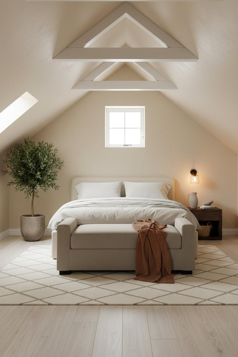 Cozy Neutral Attic Bedroom Whitewashed Ceiling