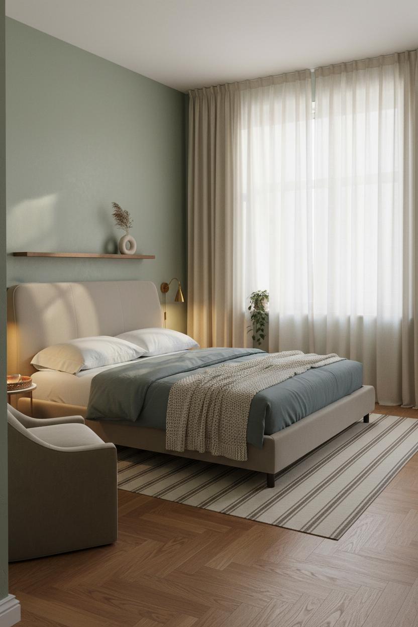 Cozy Studio Apartment Sage Walls Linen