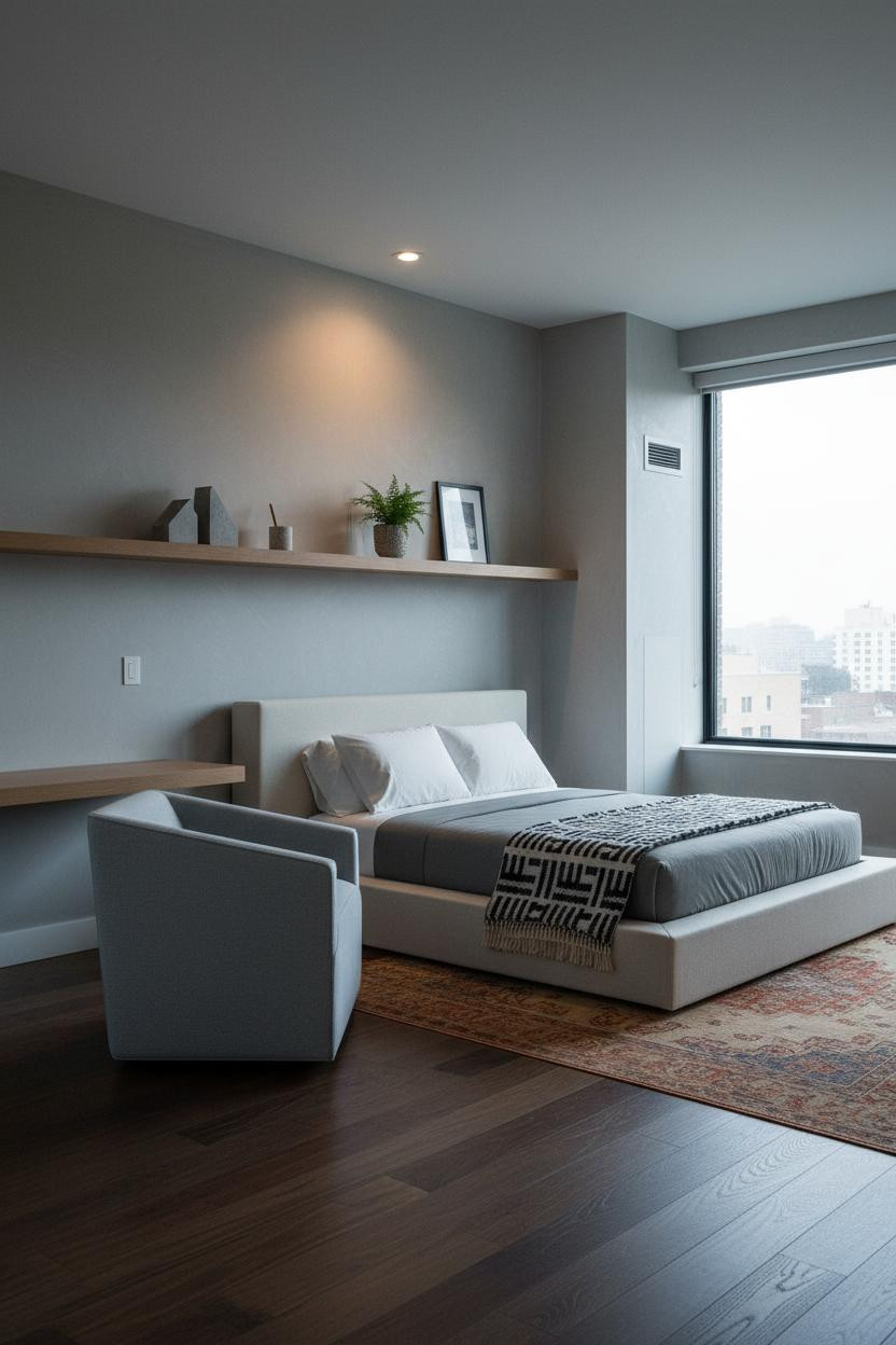 Cozy Studio Apartment Floating Shelf Design