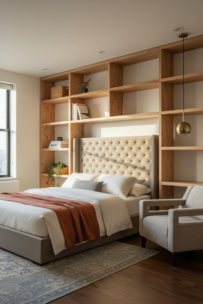 Cozy Studio Apartment MCM Shelving Layout