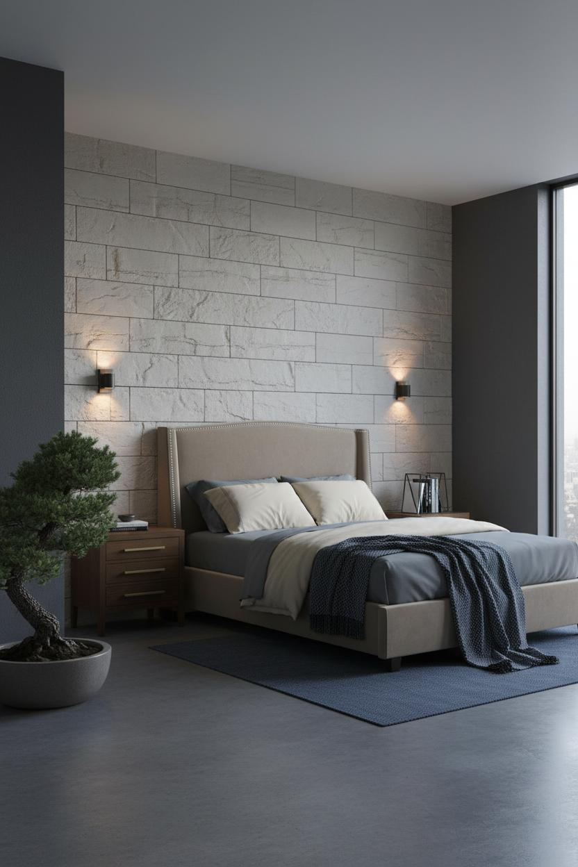 Japanese Bedroom Stone Accent Wall Minimalist