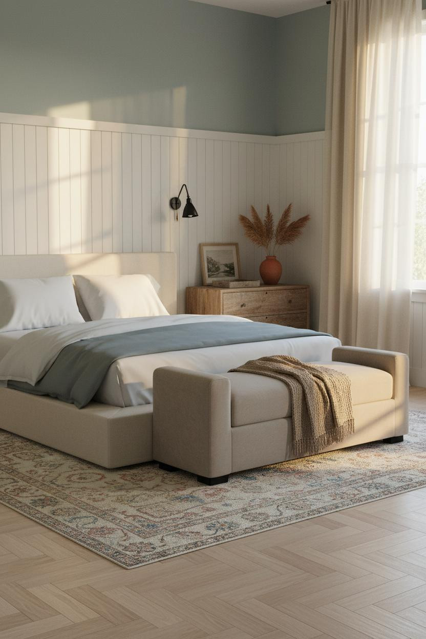 Green Coastal Bedroom Sage Blue Wainscoting