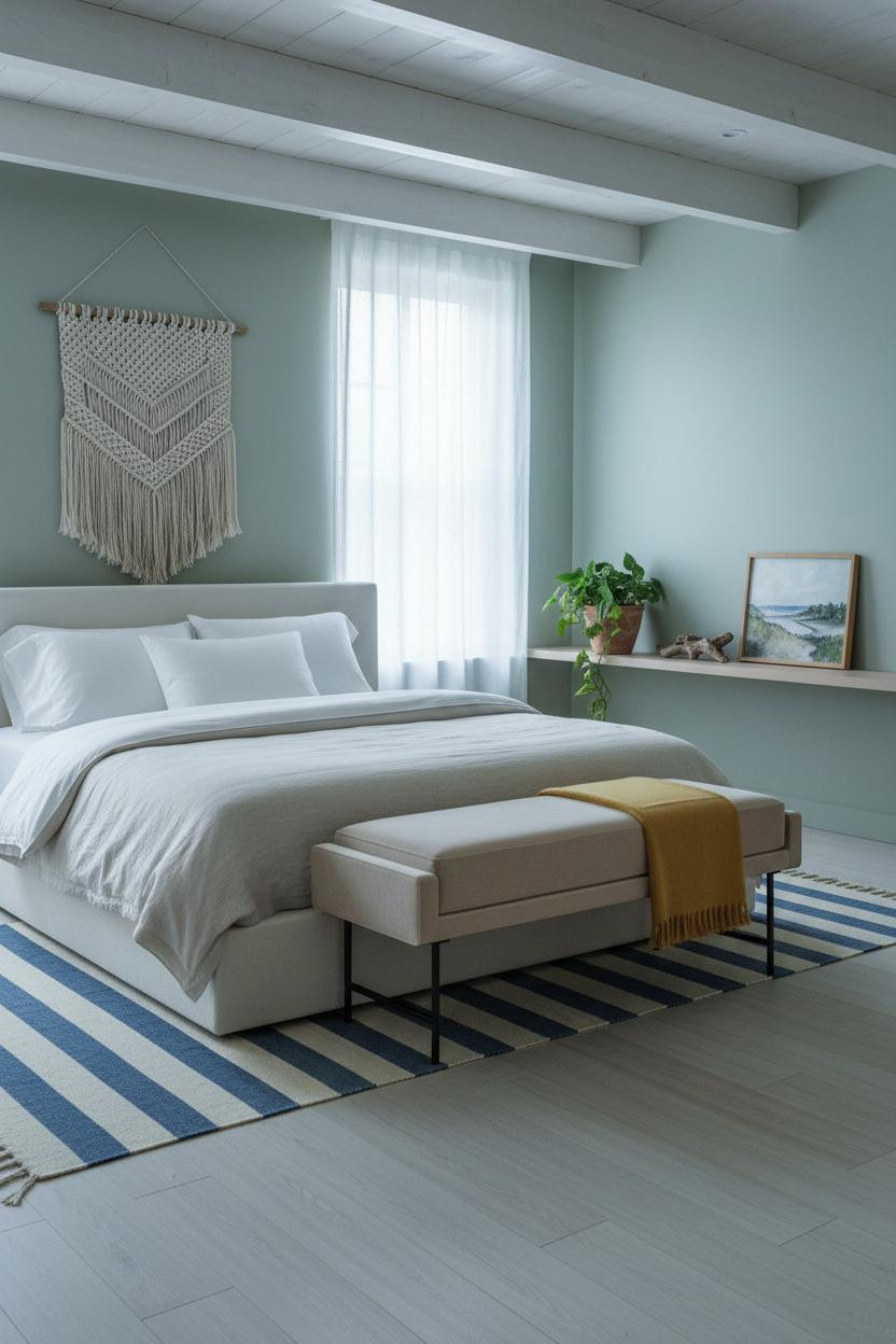 Green Coastal Bedroom Sage Blue Beams