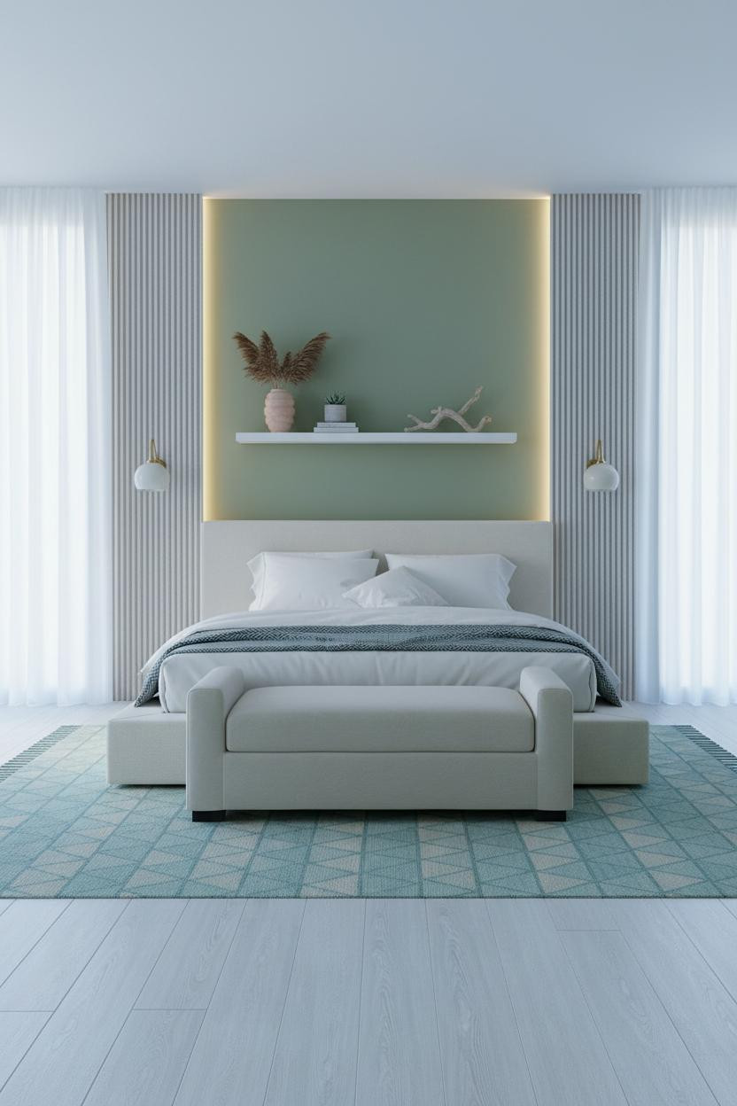 Green Coastal Bedroom Sage Blue Fluted Plaster