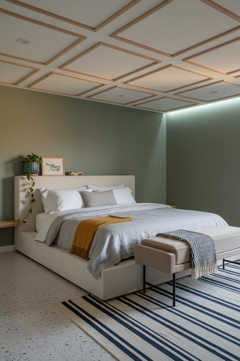 Green Coastal Bedroom Sage Blue Coffered Ceiling