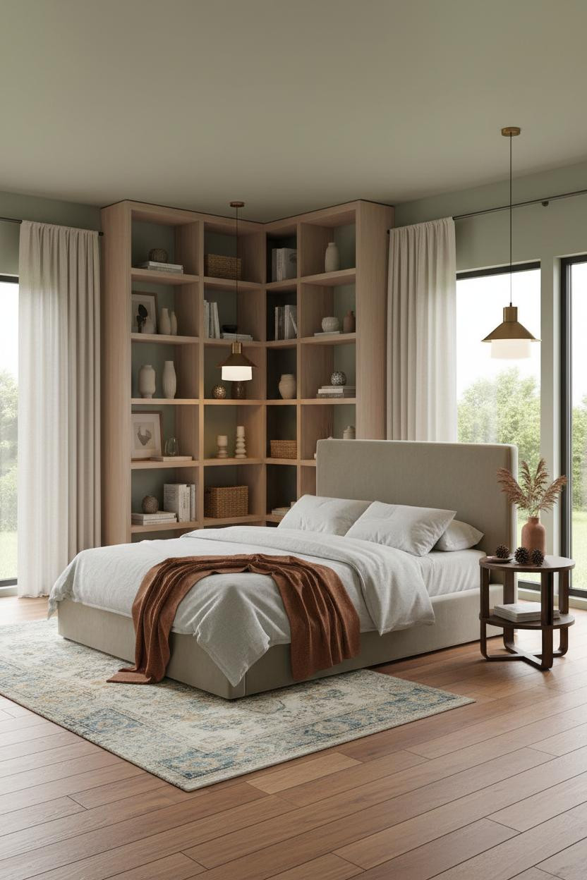 Studio Apartment Warm Farmhouse Shelving Bedroom