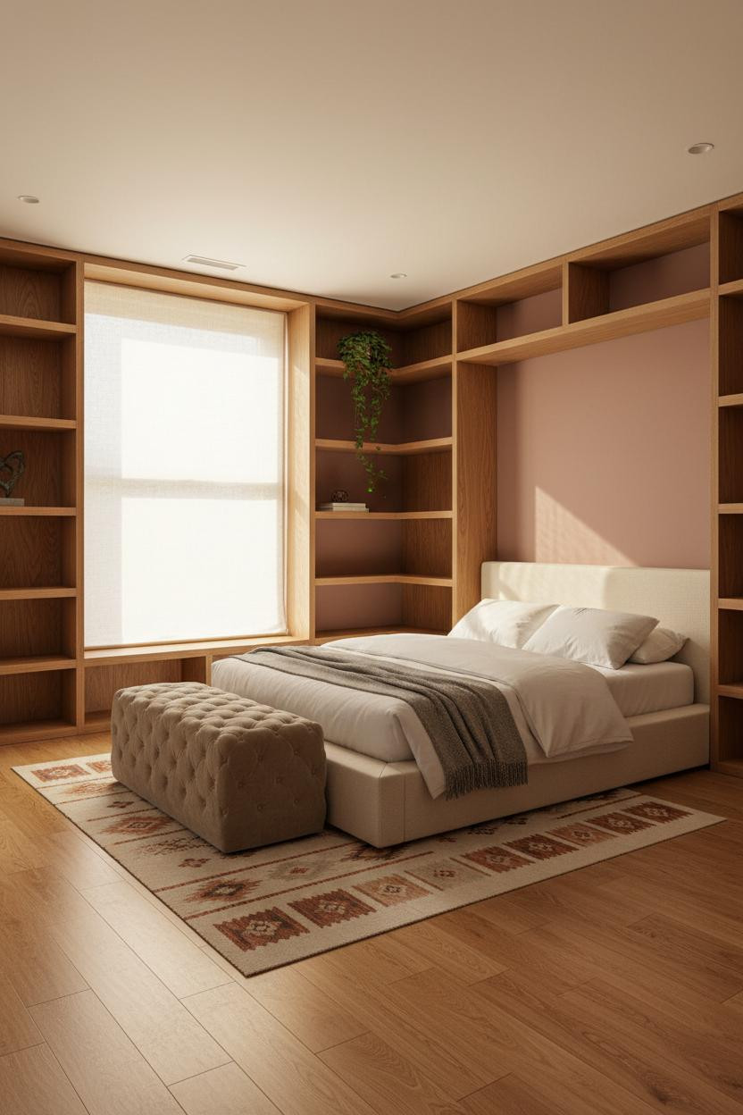 Studio Apartment Oak Shelving Warm Light