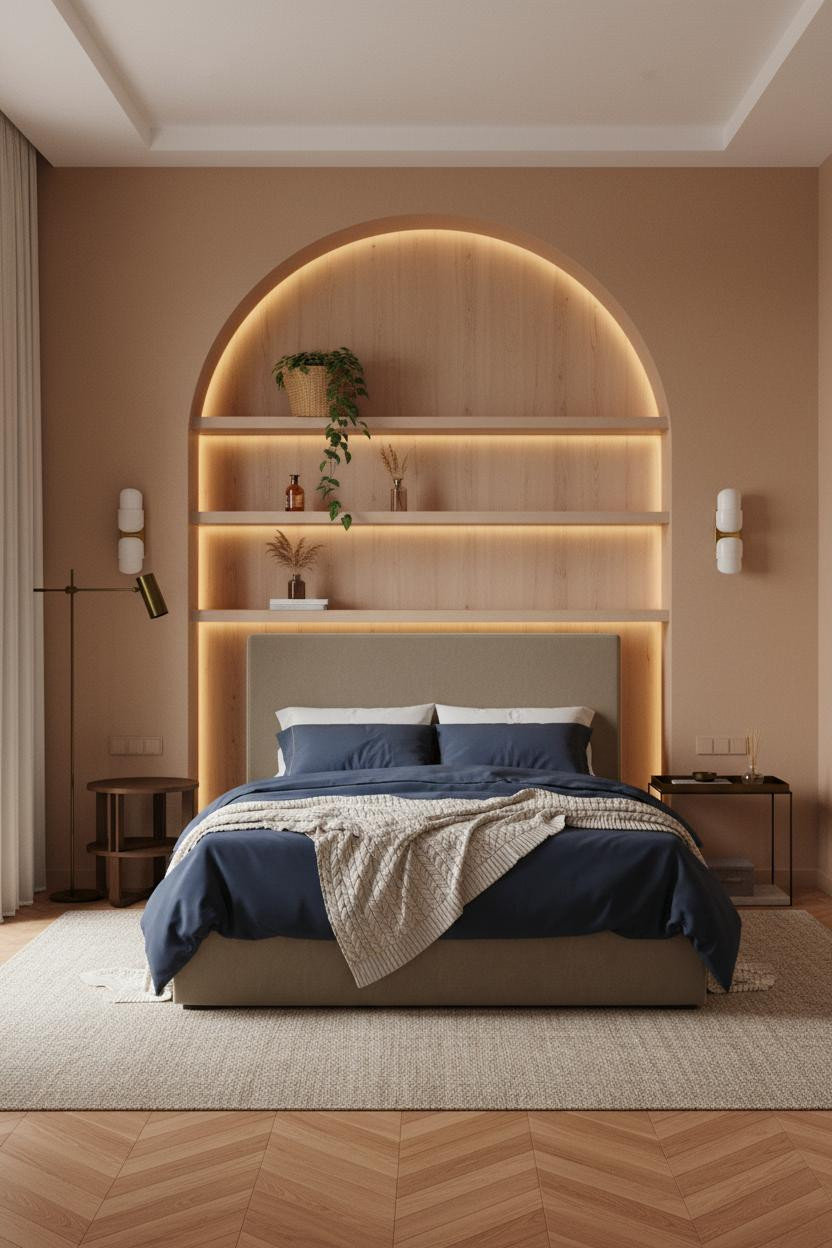 Studio Apartment Warm Boho Niche Shelving