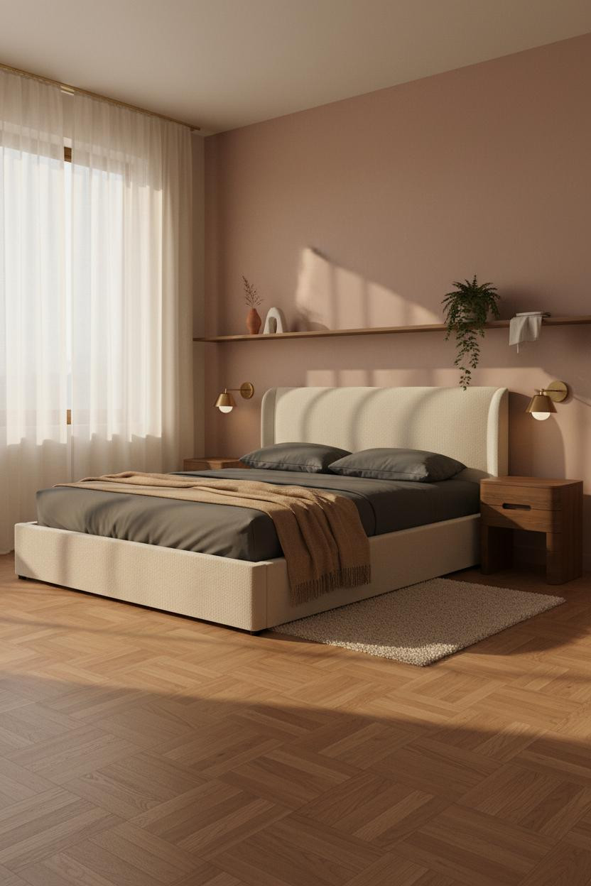 Cozy Small Bedroom Floating Shelves Warm Lighting