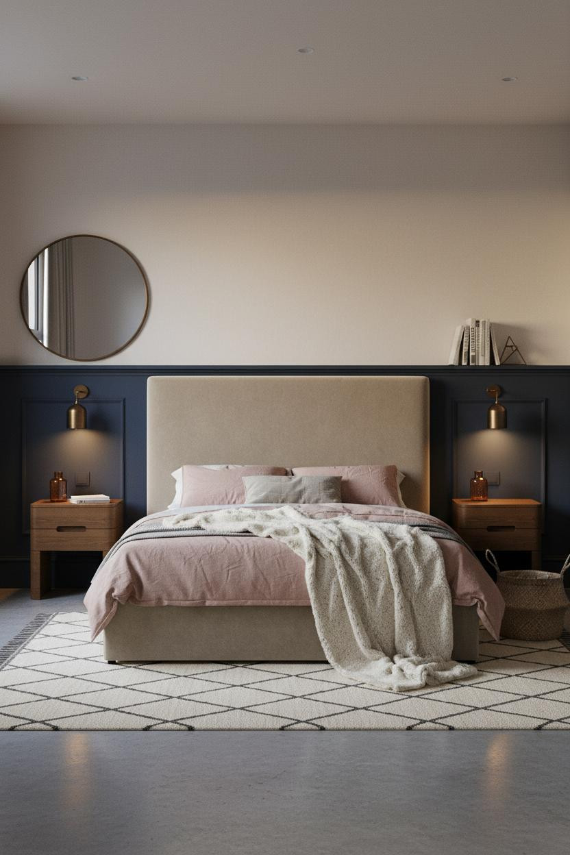 Cozy Small Bedroom Indigo Wainscoting Warm Lighting