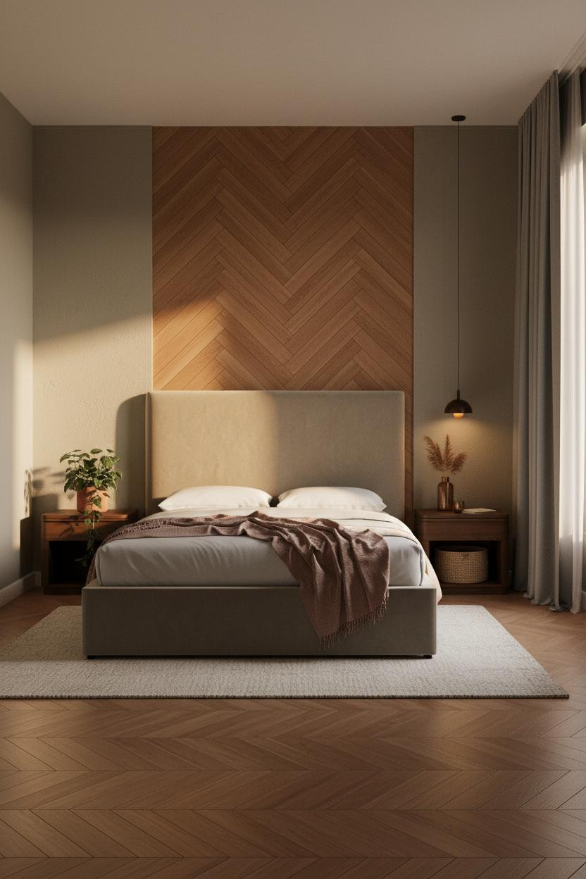 Cozy Small Bedroom Herringbone Wood Accent