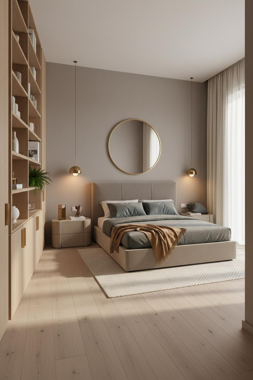 Quiet Luxury Bedroom Oak Shelving Brass