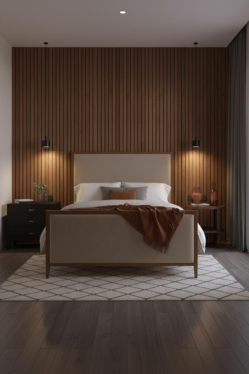 Small Double Bedroom Walnut Slat Wall Design