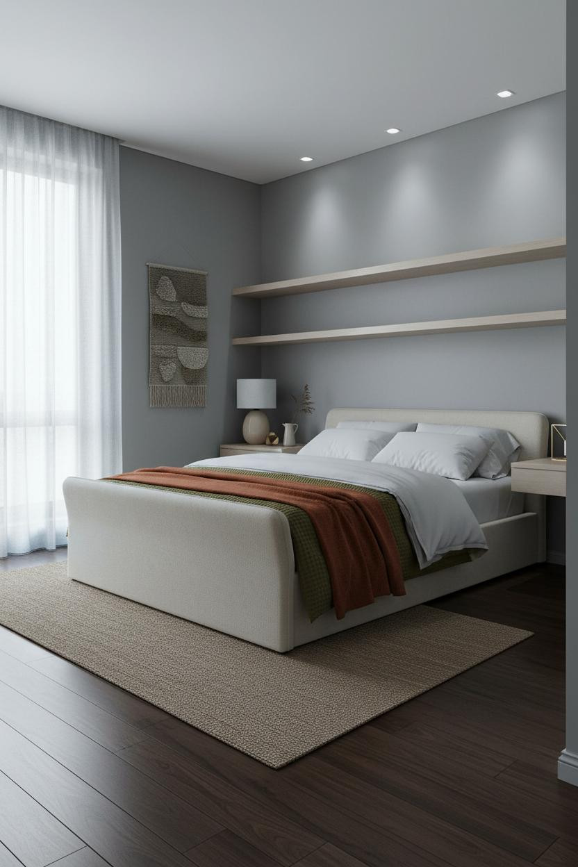 Small Double Bedroom Floating Shelf Design