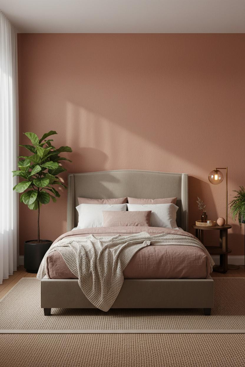 Small Bedroom Terracotta Feature Wall Botanical