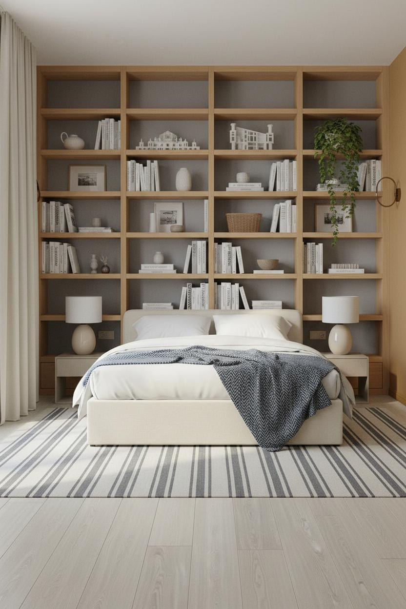 Luxury Bedroom Built In Shelving Brass Sconces